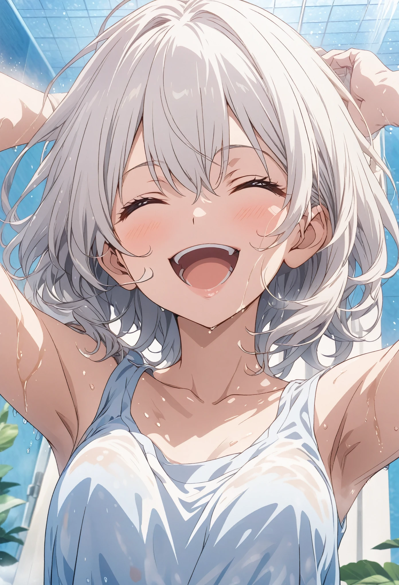 masterpiece, Highest quality, Highly detailed CG Unity 8k wallpaper, High School Girl Anime Illustration. Wear an oversized tank top、arms raised in the airポーズをする、she has her eyes closed and mouth open, smile. The background is a light pastel colored landscape., white hair color, Yellow Eyes, Cowboy Shot、Kitten smiling and looking up at girl, Taking a bath, Realistic depiction of water
透け、Nipples