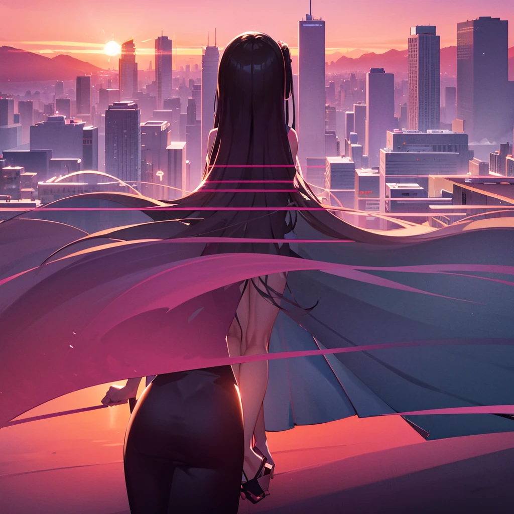Make me a cover for a music album with a background in pink and orange tones that simulate the sunrise, with the silhouette of a city in the background. On top, the elegant typography in black that says "Before the Album".