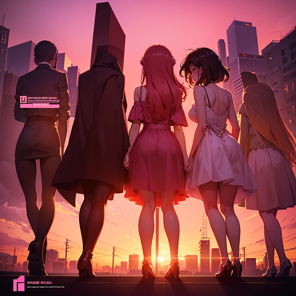 Make me a cover for a music album with a background in pink and orange tones that simulate the sunrise, with the silhouette of a city in the background. On top, the elegant typography in black that says "Before the Album".