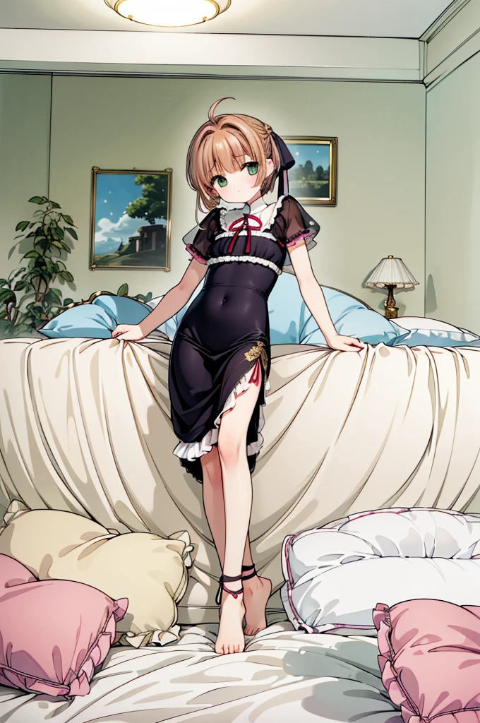 (masterpiece,best quality,best quality, masterpiece),Mine, , , (适合任何Pillow背景的光影)), 穿着公主裙的可爱女孩在Pillow上摆姿势 ,,,(很多Pillow),Soft cushion,,,,很多Pillow,,,(Pillow),(A tail),,(充满细节的Pillow),(Around the protagonist),steam,,(Pillow),(palace),(palace殿卧室),(Pillow),柔软的Pillow,,(Classical European style bedroom ),(excited,shy person,Lack of expressiveness,),,, ((Maximum resolution)), artwork, ,,,(Interior of the palace),,(Deluxe Rococo Canopy King Bed),Luxurious curtains with ornate ruffles and ribbons hang around the large bed.,((((床上堆满了许多Pillow)))),Quilt details,Detailed bed linen,Ruffled Bed Skirt,Deep Bed,Background with depth,((详细的Pillow)), ((((大量的Pillow)))),,,详细的软Pillow,,((女孩正躺在许多柔软的Pillow上,周围有许多Pillow)),。Many small feathers fluttering、 Long nightgown with ruffles and ribbons、In a huge, Large canopy bed、Soft pink sheets and quilt、色彩鲜艳的柔软Pillow、很多带褶边的Pillow和带褶边的床裙、Soft toned bed、Ruffled curtains around the bed.。Delicate face。Background with depth,Sakura Kinomoto,(Sakura Kinomoto, 1 Girl, Brown hair, short hair, Antenna hair, , Green Eyes),pillow hump,hump
