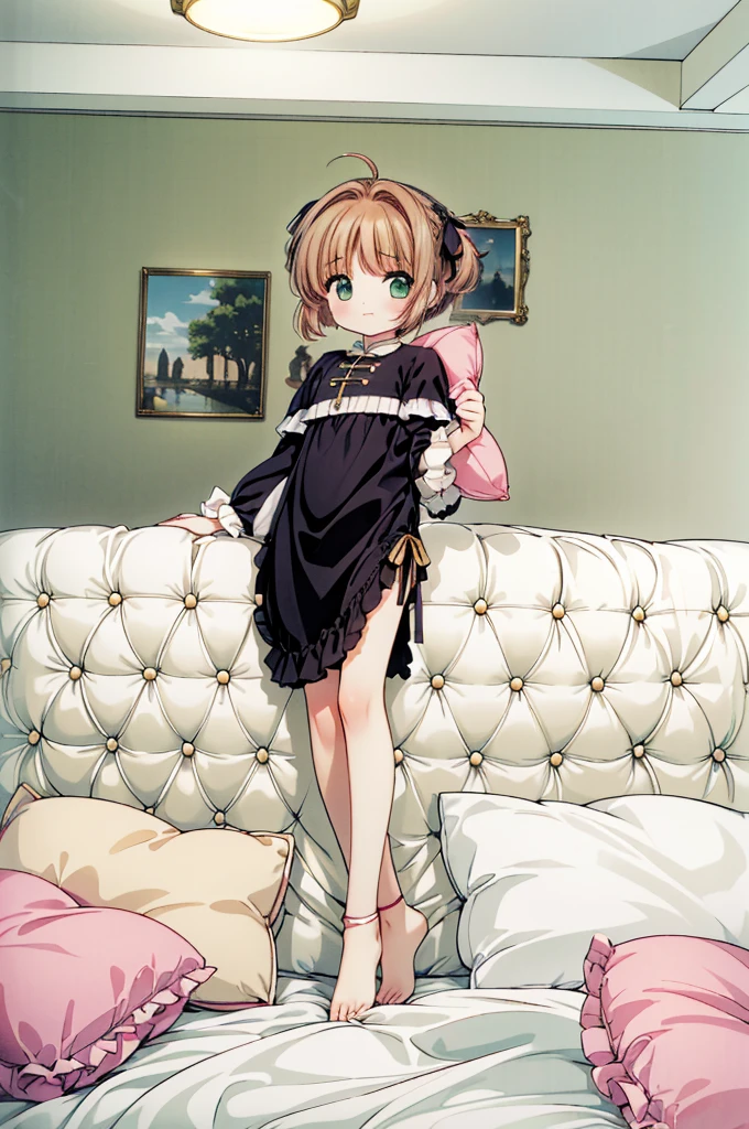 (masterpiece,best quality,best quality, masterpiece),Mine, , , (适合任何Pillow背景的光影)), 穿着公主裙的可爱女孩在Pillow上摆姿势 ,,,(很多Pillow),Soft cushion,,,,很多Pillow,,,(Pillow),(A tail),,(充满细节的Pillow),(Around the protagonist),steam,,(Pillow),(palace),(palace殿卧室),(Pillow),柔软的Pillow,,(Classical European style bedroom ),(excited,shy person,Lack of expressiveness,),,, ((Maximum resolution)), artwork, ,,,(Interior of the palace),,(Deluxe Rococo Canopy King Bed),Luxurious curtains with ornate ruffles and ribbons hang around the large bed.,((((床上堆满了许多Pillow)))),Quilt details,Detailed bed linen,Ruffled Bed Skirt,Deep Bed,Background with depth,((详细的Pillow)), ((((大量的Pillow)))),,,详细的软Pillow,,((女孩正躺在许多柔软的Pillow上,周围有许多Pillow)),。Many small feathers fluttering、 Long nightgown with ruffles and ribbons、In a huge, Large canopy bed、Soft pink sheets and quilt、色彩鲜艳的柔软Pillow、很多带褶边的Pillow和带褶边的床裙、Soft toned bed、Ruffled curtains around the bed.。Delicate face。Background with depth,Sakura Kinomoto,(Sakura Kinomoto, 1 Girl, Brown hair, short hair, Antenna hair, , Green Eyes),pillow hump,hump