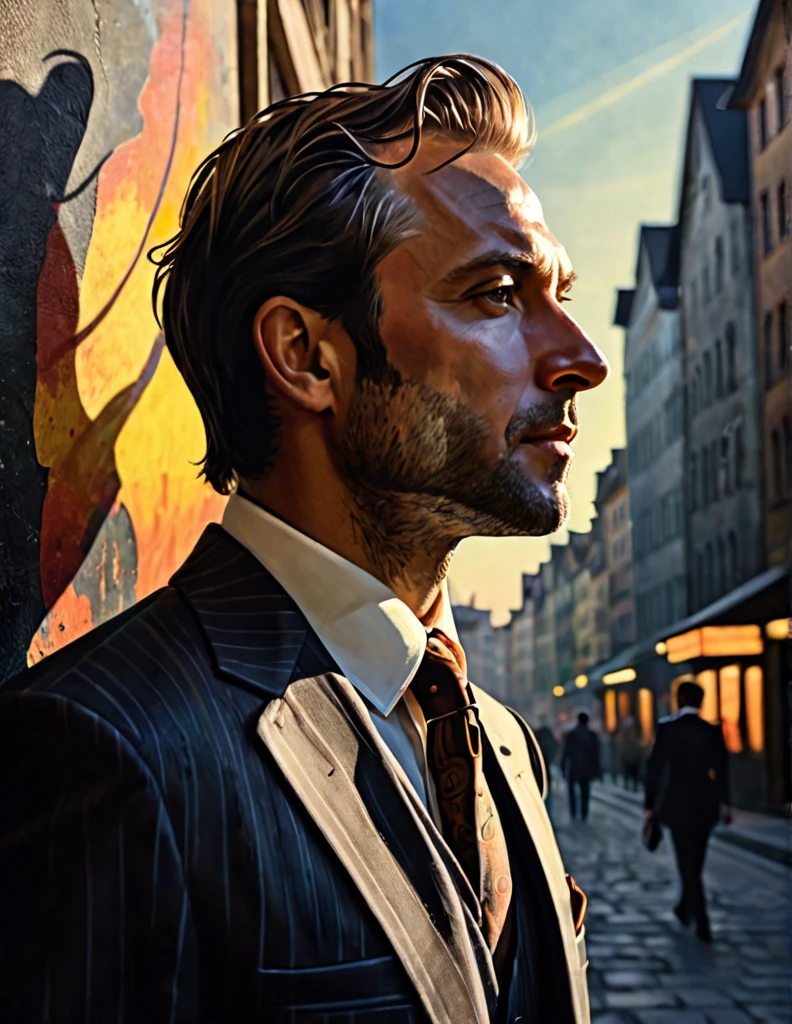 (Close-up) profile of a man in a suit about 35 years old in the city with the sun on his face, dark fantasy paper style from the 70s, with intense painting in a German romantic style. Shadows and spectacular lighting.