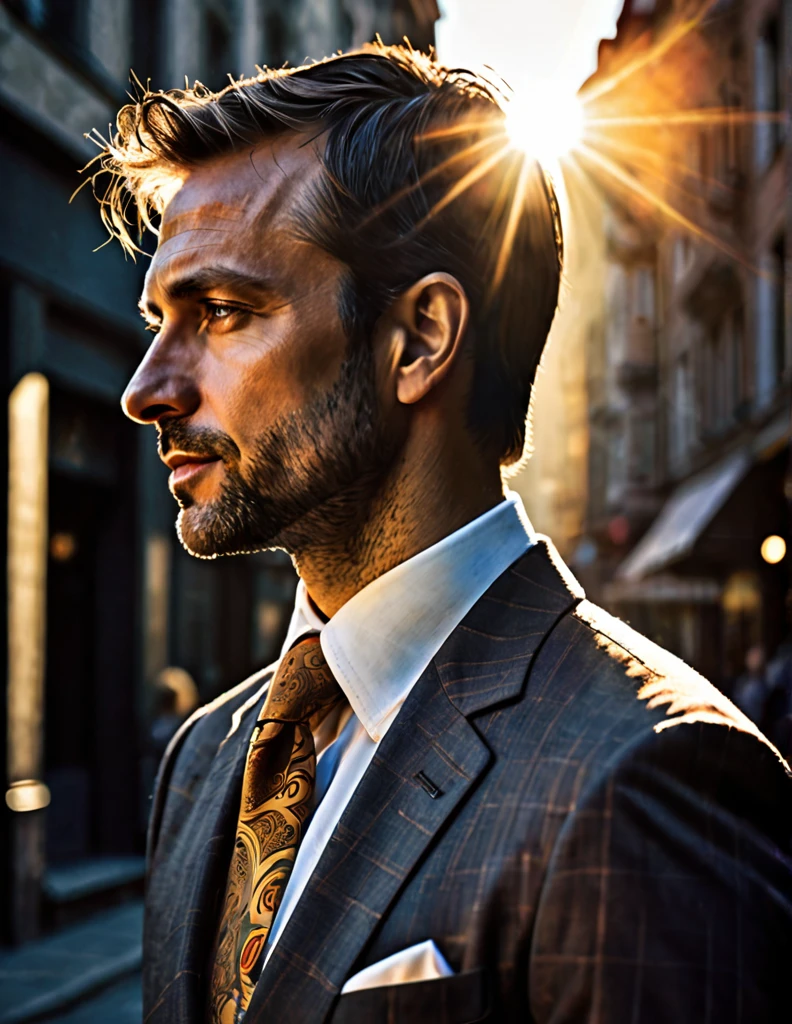 (Close-up) profile of a man in a suit about 35 years old in the city with the sun on his face, dark fantasy paper style from the 70s, with intense painting in a German romantic style. Shadows and spectacular lighting.
