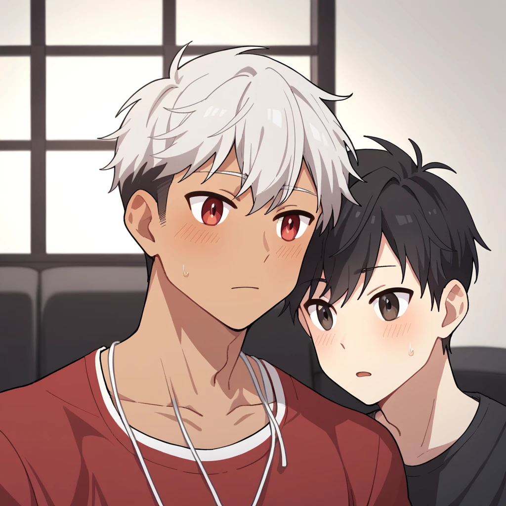 2 young men, focus man , Yaoi, pair, (human , short hair, black hair, light black eyes , tan skin), (human, white hair , red eyes ,bright white skin ) , The best aesthetics , best quality, Amazing quality, The best aesthetics ,The backdrop is the living room.,
