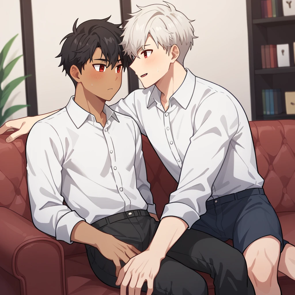 2 young men, focus man , Yaoi, pair, (human , short hair, black hair, light black eyes , tan skin), (human, white hair , red eyes ,bright white skin ) , The best aesthetics , best quality, Amazing quality, The best aesthetics ,The backdrop is the living room.,
