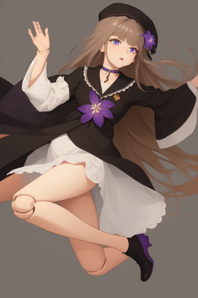 Regert, One girl, Doll joints, Highest quality, Sharp focus, Absurd, alone, Highly detailed eyes, Grey Hair, Brown Hair, bangs, beret, Black Hat, Mouth closed, dress, white dress, Hair Flower, hair ornaments, Long Hair, Long sleeve, View your viewers, Purple eyes, Purple Flower, Sailor collar, Are standing, Close, Lock, choker, whole body, Black footwear, (White Background, Clear Background:1.2)、Put your hand over your mouth
