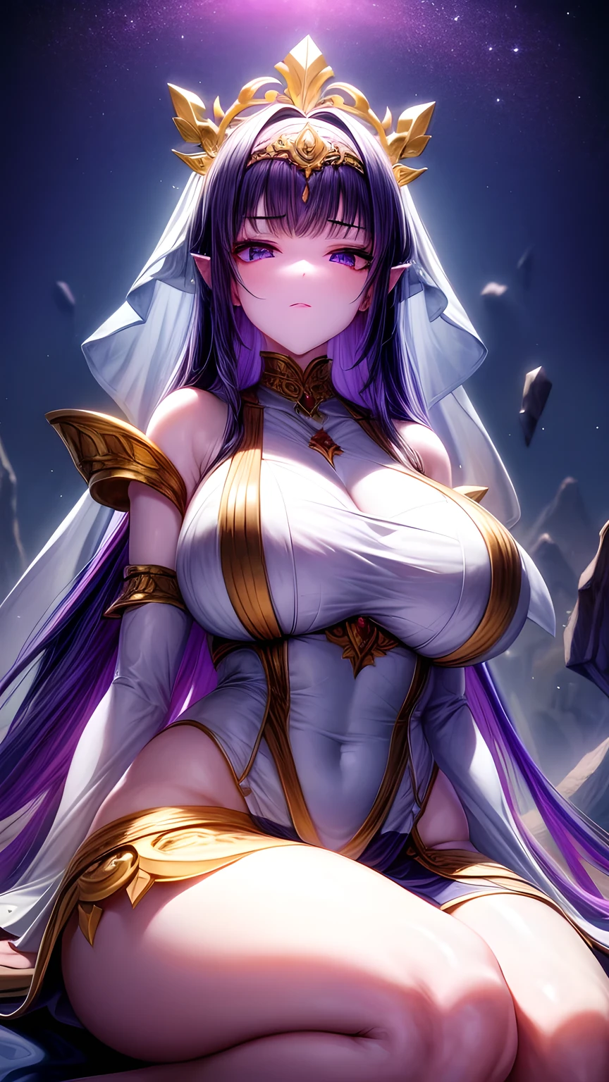 Immortal Goddess, Super cute, 8K, Super big breasts, meditation, Light white cloth covering part of the body, Sit cross-legged, círculo magic dourado brilhante girando atrás dela, magic violet aura surrounding her parts, magic, fantasy, Galaxy Background, (4 Elements, fire, water, wind, Earth, surrounding him),