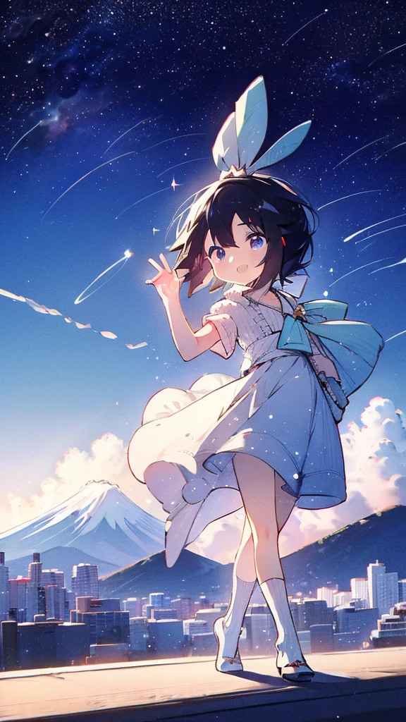 Fuji Mountain,Walking down the street,Girl,Black Hair,milky way,Twinkling Stars々,Beautiful sky