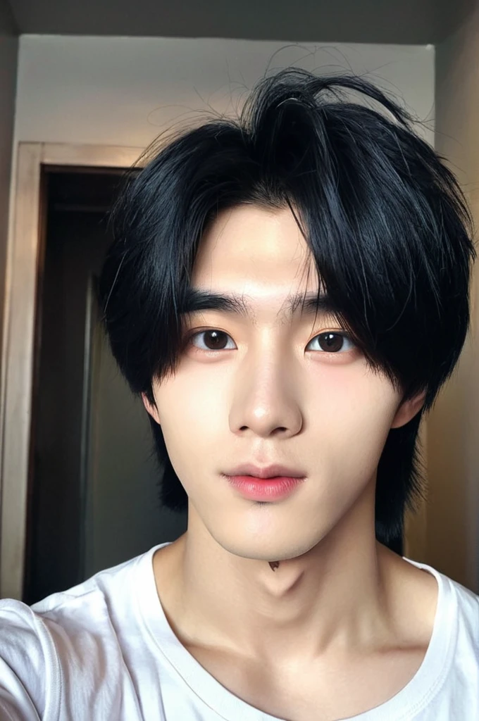 One boy, Young man with black hair  ((Mash straight hair)),Male idol style, Medium size portrait, Oval Face, vivid,In a dark room Taking a selfie with your smartphone,(In a dark room)