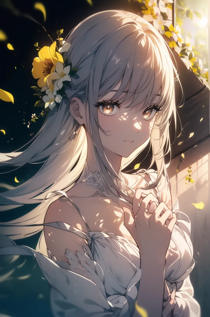 ((((Obra maestra, La mejor calidad, ultrahigh resolution)))), 1girl, standing, ((wearing white summer dress)), long hair cut, pale skin, ((brown eyes)), (glowing_eyes, luminescent eyes), (ultra detailed eyes:0.7, beautiful and detailed face, detailed eyes:0.9), ((centered)), smile, ((wide shot)), facing viewer, (((vibrant background of outside, flowers, bright lighting, summer, sunlight))), flat chested, looking at viewer, ((perfect hands)), ((head:1, hips, elbows, arms, in view)), ((hands behind back)), beautiful lighting, defined subject, (25 years old), ((cool looking)), ((slight breeze in hair, vintage sun glare))