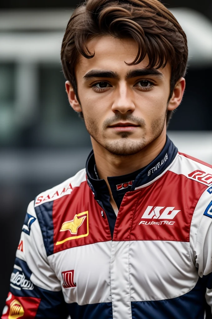Combines the characteristics of Charles Leclerc and Carlos Sainz in one person. The image should show a person with a balanced mix of facial features from both, like Leclerc's light brown hair and green eyes, along with Sainz's dark brown hair and defined jaw. The person must wear a Ferrari racing suit, with red and white details. The background must be a Formula 1 garage, with details of tools and tires around.