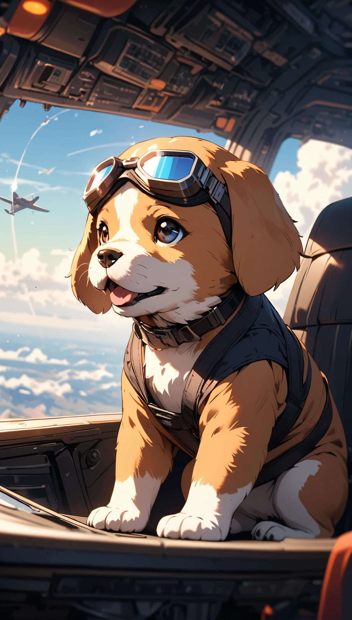 1 puppy:1.1, (((Puppy flying a plane, Wear goggles))), fantasy art pieces, Control Stick, Detailed cockpit, Bouncing gauge needles, Sky background, Gentle light, Light and shadow with attention to detail, Background Blur, (Highest quality:1.2, 4K, 8k, Very detailed, Attention to detail, masterpiece:1.2, Best aesthetics),