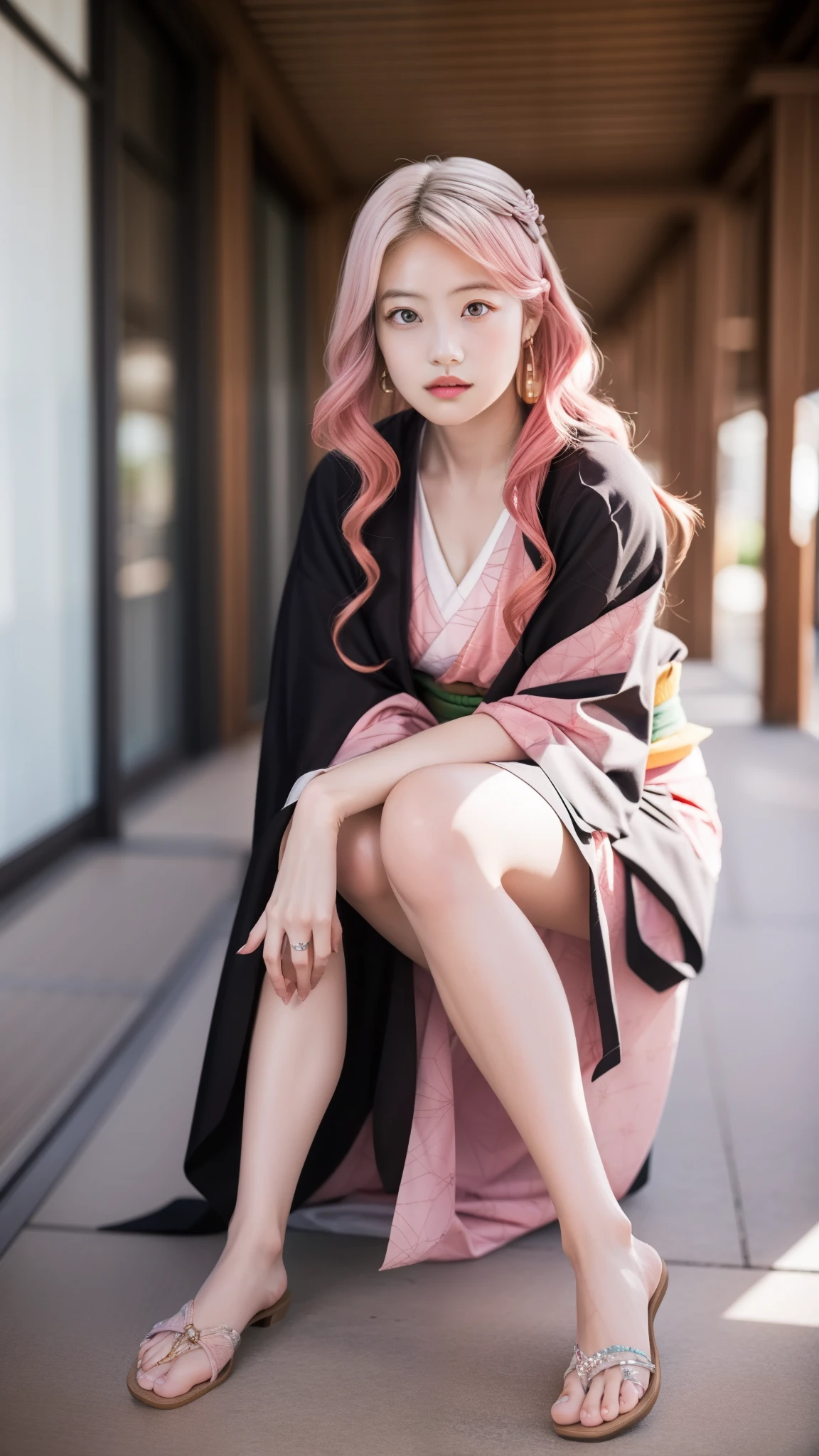 Cute Japanese woman, (16 years old), (very cute face), white moisturized skin, looking at the camera, melancholy expression,
BREAK,
Idol,
BREAK,
(wearing cute kimono: 1.3), (highly revealing kimono), very large earrings, short length,
BREAK,
(fighting pose: 1.1),
BREAK,
(long hair), (pink hair: 1.4), (wavy hair), (gradient hair: 1.3), (red hair at the ends),
BREAK,
(realistic: 1.3), masterpiece, perfect lighting, (ultra-high resolution), (8K), (highly detailed: 1.4), (from the front), (full body: 1.4), (symmetrical: 1.2), (one shot),
BREAK,
(Shibuya city in Japan: 1.2),
BREAK,
(Demon Slayer: 1.4),
BREAK,
(Imada Mio: 1.4),