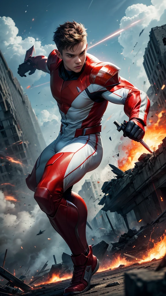 (masterpiece, Best image quality),One boy, A hero in a white, red and black suit, (Dynamic pose | Element Surround:1.2), Low angle view, Very detailed, Ruins of the battle, intense, shock wave, Outdoor, Battlefield Background,Guardian of the City,Sporty hero,Use fire as a weapon