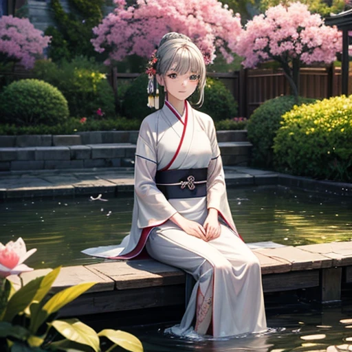 Second Dimension, Ancient style, Spring Garden, Outdoor, Gray Hair, Hanfu, nature, There is a pond in the middle of the courtyard, Begonia floating in the pond, Girl sitting on a bench in the hallway, Wearing a transparent feather robe, Holding a bamboo flute, Random posture, Intricate details, Highest quality, Ray Tracing, rendering, 8k, masterpiece