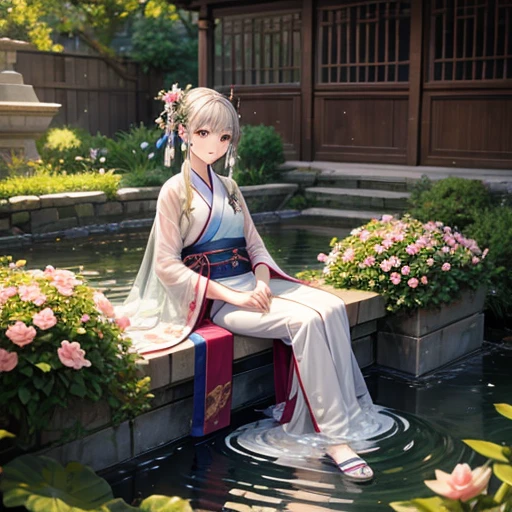 Second Dimension, Ancient style, Spring Garden, Outdoor, Gray Hair, Hanfu, nature, There is a pond in the middle of the courtyard, Begonia floating in the pond, Girl sitting on a bench in the hallway, Wearing a transparent feather robe, Holding a bamboo flute, Random posture, Intricate details, Highest quality, Ray Tracing, rendering, 8k, masterpiece
