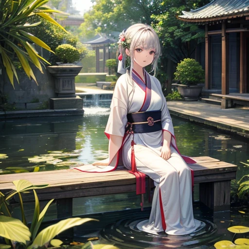 Second Dimension, Ancient style, Spring Garden, Outdoor, Gray Hair, Hanfu, nature, There is a pond in the middle of the courtyard, Begonia floating in the pond, Girl sitting on a bench in the hallway, Wearing a transparent feather robe, Holding a bamboo flute, Random posture, Intricate details, Highest quality, Ray Tracing, rendering, 8k, masterpiece