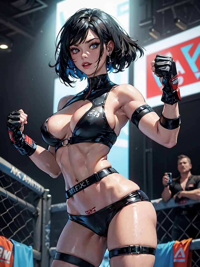 Alison Tyler, (((best qualityer))), (((​masterpiece))), (((grown-up))), (((1 girl))), ((( black hair long))), (((random colors))), A 25-year-old female cyberpunk WWE wrestler with a perfect body, huge breast, parted lips, clean  face, (( bandaged arms )), (((MMA fighter glove))), tiny leather panties, armour com texturas intrincadas, almost naked in Simon Bisley&#39;s wild urban style for the cover of Heavy Metal magazine, Spectacular colorful graphics, Minimal clothing, Metal protection on the left arm with complex graphics, (((Dark random colors with white stars and red and white checkerboard pattern))), armour, cheio de espinhos, (((from the knee up))), ((( short black hair ))), In the background is a ring with an intricate design by Shepard Fairey