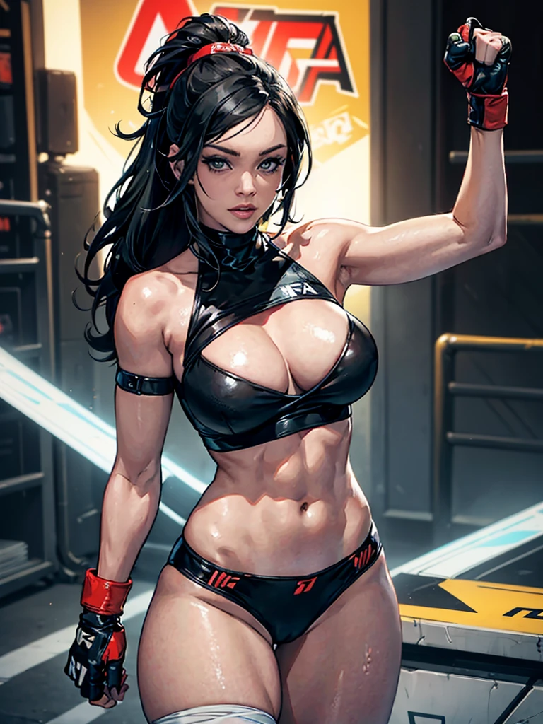 Alison Tyler, (((best qualityer))), (((masterpiece))), (((grown-up))), (((1 girl))), ((( black hair long))), (((random colors))), A 25-year-old female cyberpunk WWE wrestler with a perfect body, huge breast, parted lips, clean face, (( bandaged arms )), (((MMA fighter glove))), tiny leather panties, armour com texturas intrincadas, almost naked in Simon Bisley's wild urban style for the cover of Heavy Metal magazine, Spectacular colorful graphics, Minimal clothing, Metal protection on the left arm with complex graphics, (((Dark random colors with white stars and red and white checkerboard pattern))), armour, cheio de espinhos, (((from the knee up))), ((( short black hair ))), In the background is a ring with an intricate design by Shepard Fairey