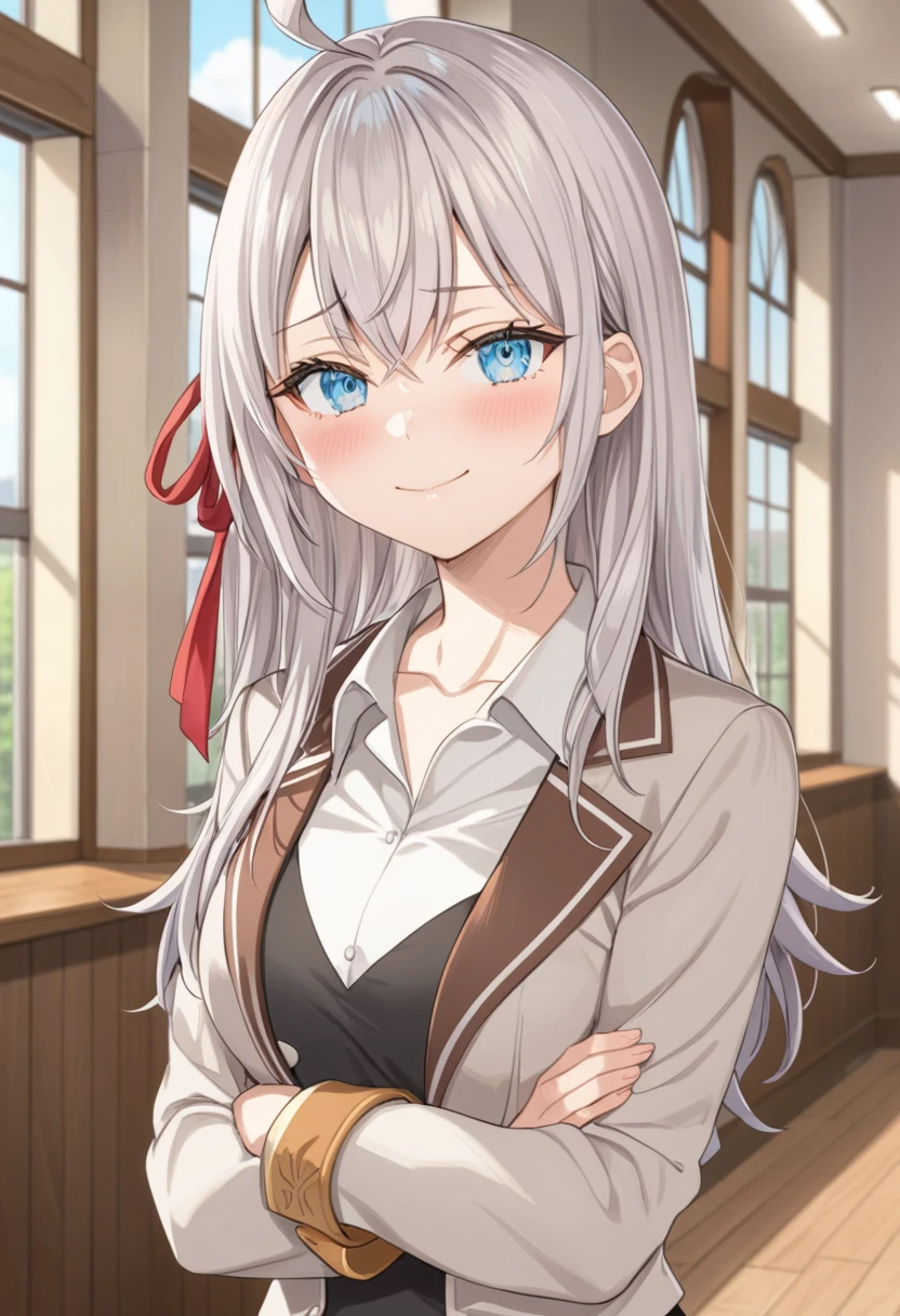 ultra-detailed, 8k, Beautiful Face, One girl, Alisa Mikhailovna Kujo,Tomorrow, my friend, Arya-san, will be visiting Russia.,alone, ((Anime style background)),masterpiece, Highest quality, (Brighten your face), so beautiful,Latest, Complex details, Long Hair, Eyebrows visible through hair, Hair between the eyes, Silver Hair, Hair Ribbon, blue eyes, Medium chest, ,Long sleeve, Jacket,
View your viewers, Upper Body, Dutch Angle,Mouth closed, Close one eye, A light smile,
Highest quality, so beautiful, Absurd,