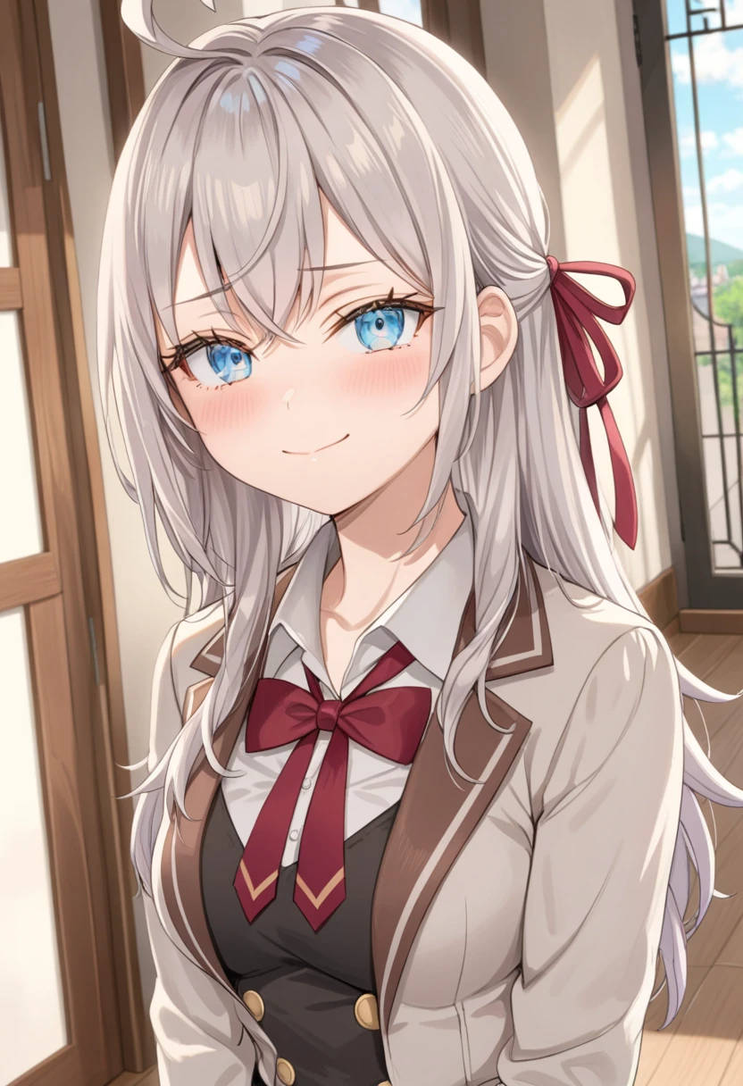 ultra-detailed, 8k, Beautiful Face, One girl, Alisa Mikhailovna Kujo,Tomorrow, my friend, Arya-san, will be visiting Russia.,alone, ((Anime style background)),masterpiece, Highest quality, (Brighten your face), so beautiful,Latest, Complex details, Long Hair, Eyebrows visible through hair, Hair between the eyes, Silver Hair, Hair Ribbon, blue eyes, Medium chest, ,Long sleeve, Jacket,
View your viewers, Upper Body, Dutch Angle,Mouth closed, Close one eye, A light smile,
Highest quality, so beautiful, Absurd,