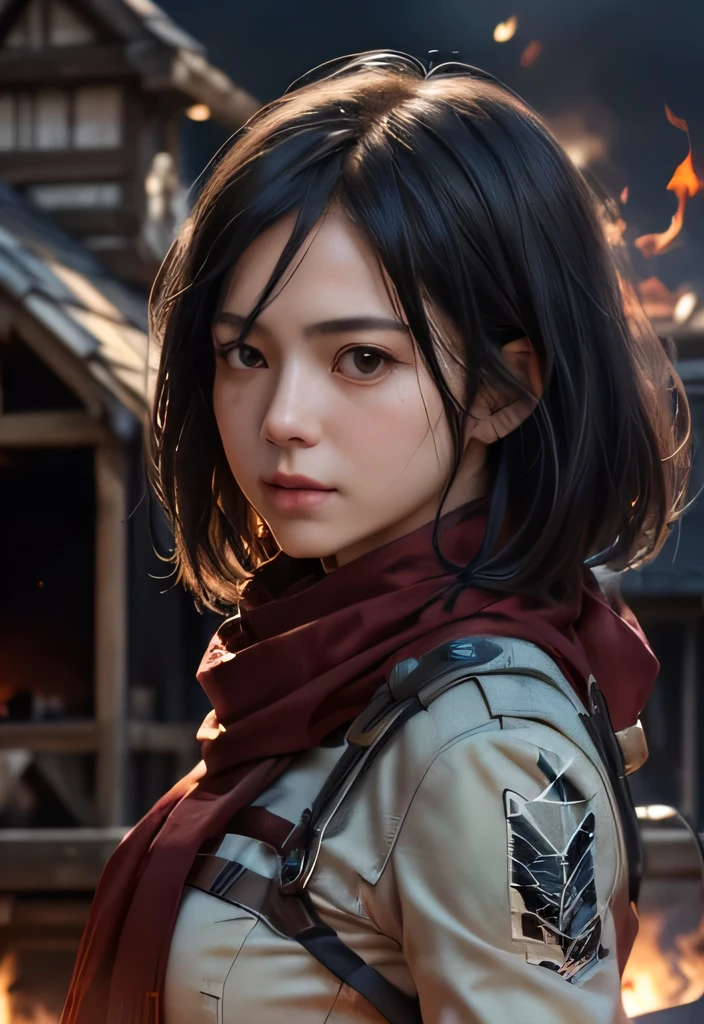 Image by Mikasa Ackman ((whole body))、Red scarf around the neck, Moss Green Layer, Scout Troops Neck Uniform, Big breasted, I feel good, Warrior, from the front (With a swordいる), With a sword, Destroyed city background and flames, Zoom in on your eyes reflecting the fire that is burning your house, Mikasa is in a burning village at night, Smoke and fire particles in the air、(One girl)、(Realistic)、(Realistic:1.5)、Batmolsardas、Black Hair, 8k UHD、(Film Grain) Very delicate and beautiful、8k, high quality、High resolution, clear、Very detailed、((At night))、(The glow of the fire reflecting off your face)、Beautiful and fine details、 Very detailed目と顔、Raw work、(Cinematic lighting)、(Highly detailed skin:1.2)、8k UHD、Digital SLR、Strong fire lighting、high quality、Film Grain、Raw work, Better Quality, high quality, High resolution