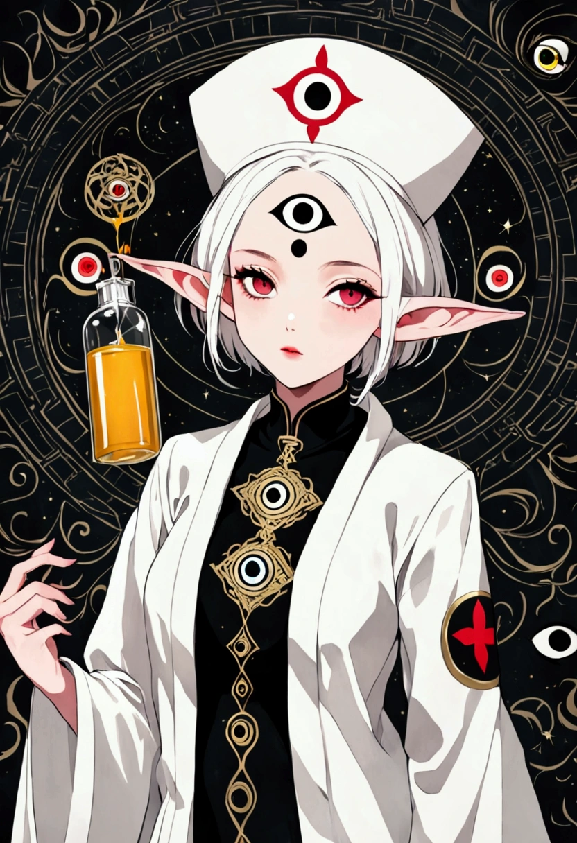 (((Lord Nether,short hair,solo,Third eye on the forehead,Elf Ears))),(((Robe:1.6,Eye Diagram,Dark Patterns))).(((Nurse hat,Infusion bottle equipment))),whole body,Death Gaze Background。Body movements