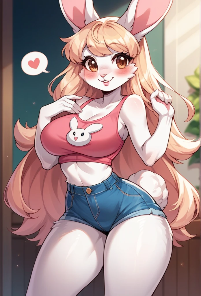 bunny furry girl, big , busty, pink shirt, light jean shorts, jeans light shorts, women, the second, feelting on cute, thick thighs, thick legs, small waist, small waist, Delicate pose, cute and why, long blond hair, furry skin, furry palid and white skin, blush, bunny checks, blush, pink lipstick, feel, sexy, female, furry, D2, beautiful face, Cartoon, Photo, adult female furry, beautiful body