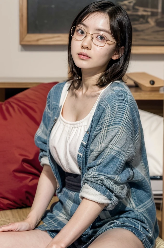 There is a woman sitting on the floor with her legs crossed..., Wearing glasses, Japanese Model, Wearing glasses on, Wearing square glasses, Young Sensual Gravure Idol, Yasumoto Oka, Genuine young gravure idol, Without glasses, Yoshitomo Nara, Aoi Ogata, Wearing glassesいる, Surreal,Provocative,((Beautiful Skin)),((Skin Texture)),((Real Touch)), healthy, unreddish skin, Cute freckles on the cheeks,Mole under left eye,