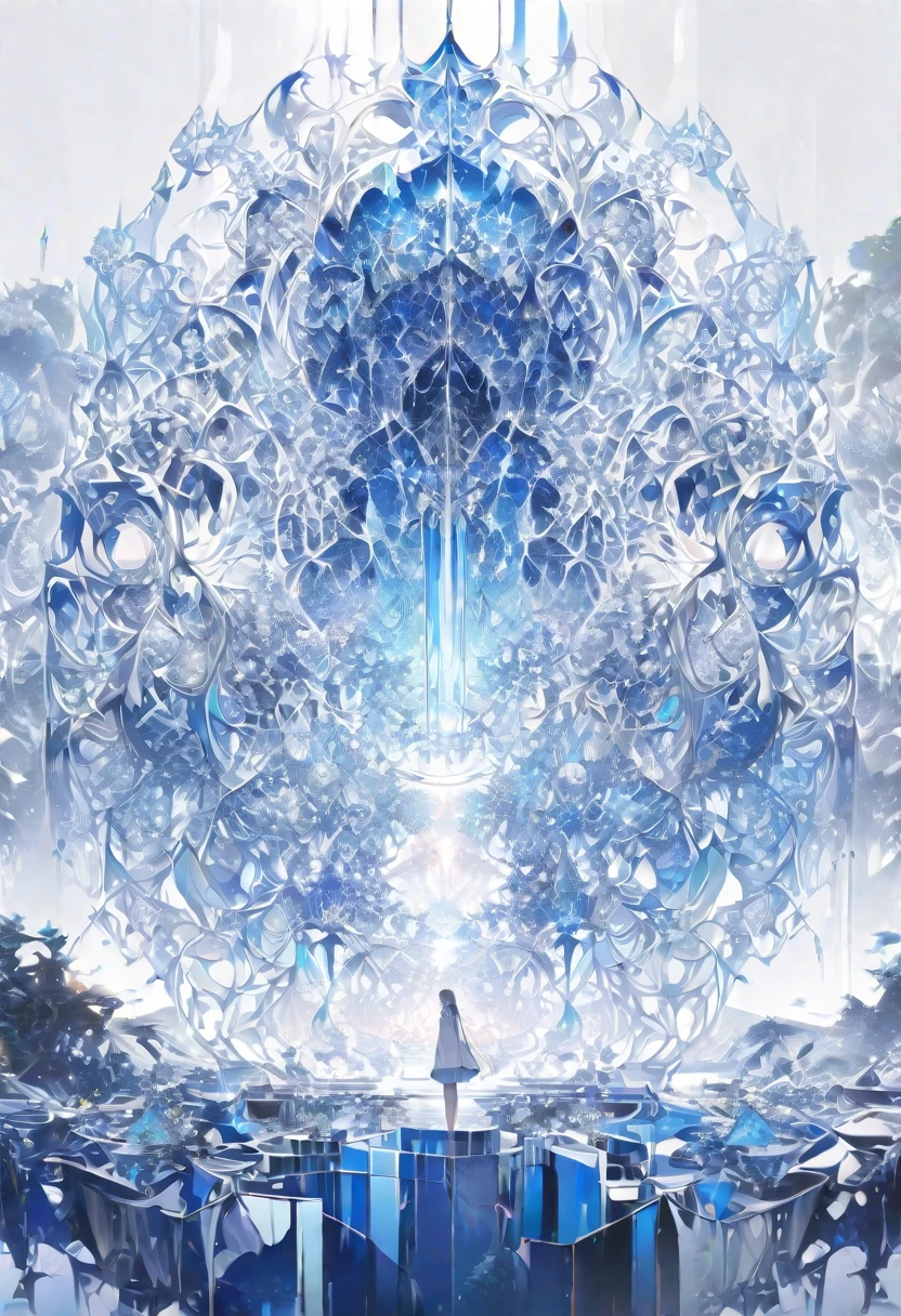 Tai Chi diagram、((masterpiece)), (anime:1.3), ((Highest quality)), (Abstract art:1.5), (High resolution), (pale colour), Wide Shot, (Fractal structure:1.5), (Simple white background:1.6), landscape, (beautiful), (Biological atmosphere), deep sea, (pretty girl), (Hollow Eyes), (profile), beautiful白い髪, (Are crying), transparent Glass ice mirror Blue rose crystal