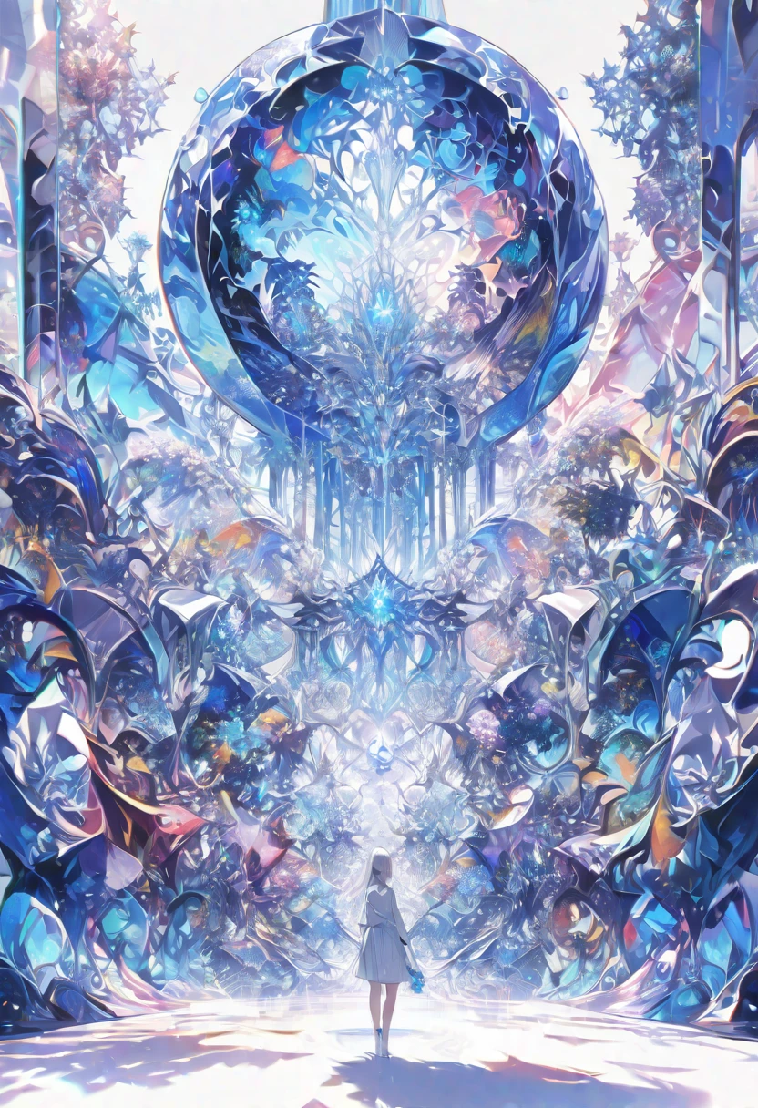 Tai Chi diagram、((masterpiece)), (anime:1.3), ((Highest quality)), (Abstract art:1.5), (High resolution), (pale colour), Wide Shot, (Fractal structure:1.5), (Simple white background:1.6), landscape, (beautiful), (Biological atmosphere), deep sea, (pretty girl), beautiful白い髪, (Are crying), transparent Glass ice mirror Blue rose crystal