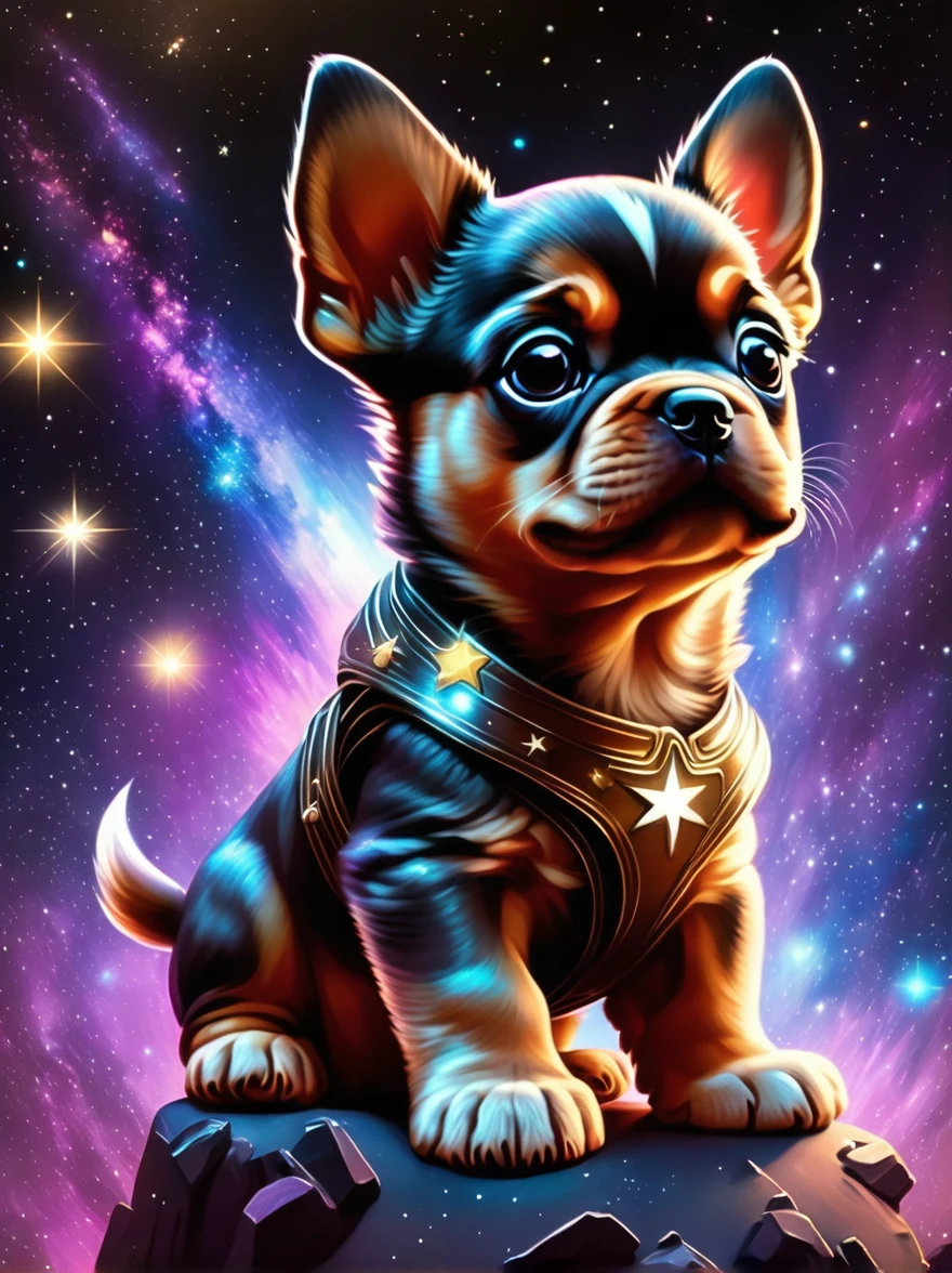In a galaxy full of、Comet and twinkling stars in space，There is such a scene。In this beautiful sky，There is a puppy with extraordinary appearance hovering in the void of the universe。This character, known as &quot;Super Dog&quot;, has a strong physique，Characterized by bright, glowing eyes that exude an aura of mystery and power。&#39;Superdog&#39; wears a cape that floats gracefully in space，A dog paw badge on the chest。The scene is depicted in the complex and vibrant style often seen in Japanese anime.。