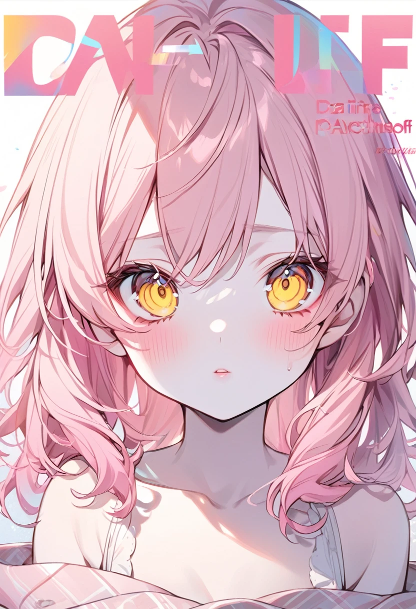 magazine model, anime girl with pastel pink hair, yellow eyes, pale skin, fine and soft features