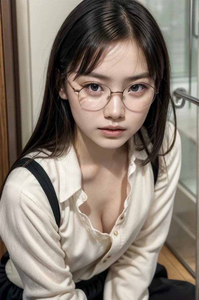There is a woman sitting on the floor with her legs crossed..., Wearing glasses, Japanese Model, Wearing glasses on, Wearing square glasses, Young Sensual Gravure Idol, Yasumoto Oka, Genuine young gravure idol, Without glasses, Yoshitomo Nara, Aoi Ogata, Wearing glassesいる, Surreal,Provocative,((Beautiful Skin)),((Skin Texture)),((Real Touch)), healthy, unreddish skin, Cute freckles on the cheeks,Mole under left eye,