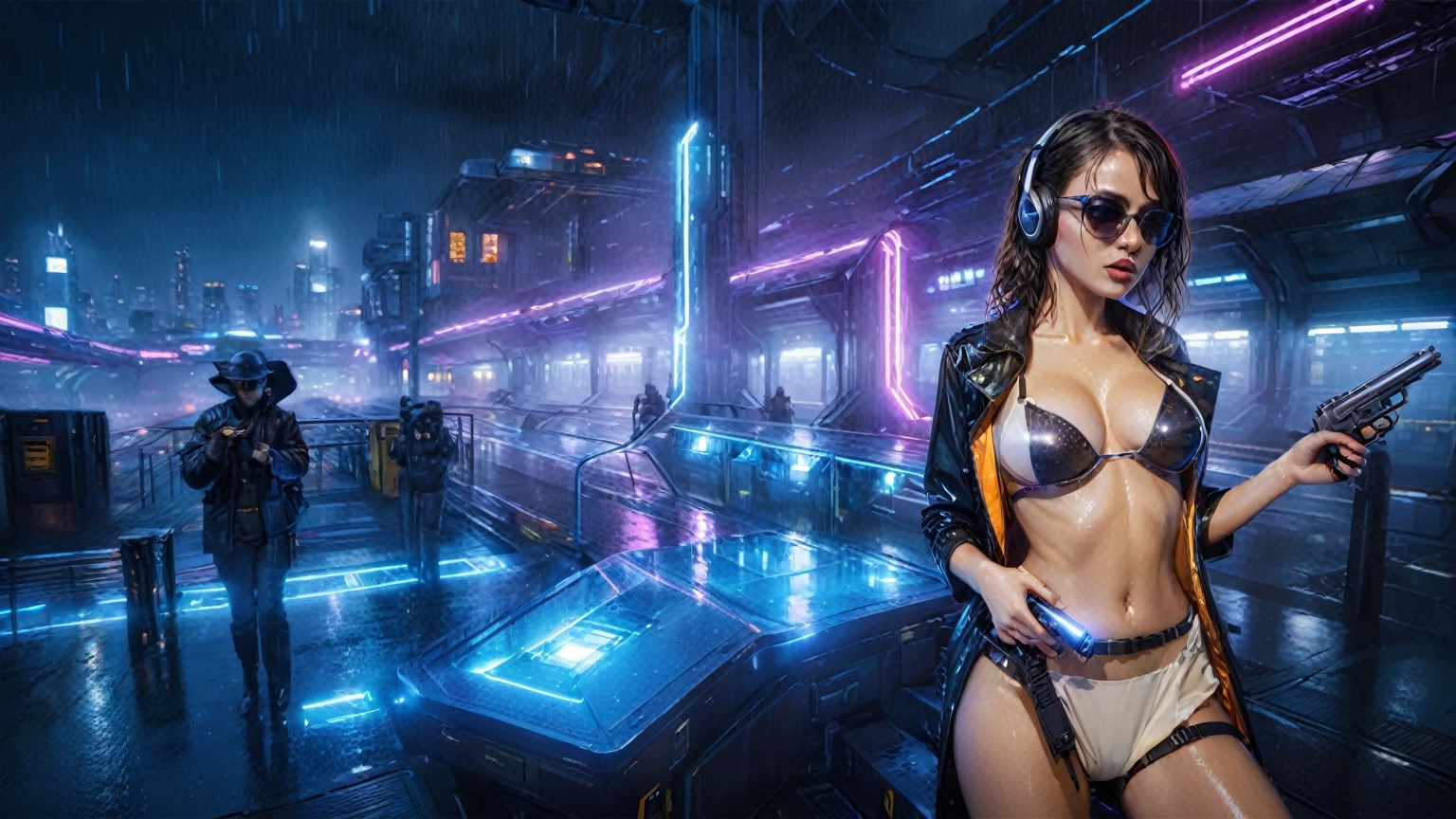 (((aerial view))), Blade Runner style futuristic railway platform, hi-tech train, neon lights, rainy night. (1girl, solo, alone), large-breast:1.2 slim body, cleavage:1.1, sexy lingerie with wet jacket, headphone, (black sunglasses), (((she raised a pistol:1.8 and shot:1.8 the viewer))), dynamic pose, (((half-body thigh level medium shot))), cinematic lighting, lens flare, ray tracing, blurred:1.4 background.
