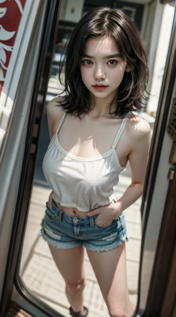 ((Highly detailed CG unit 8K wallpaper, masterpiece, High resolution, Highest quality)), (((Beautiful woman with dark hair, Model-like posture, Street fashion, Wearing a white camisole:1.2, Wearing denim micro mini shorts:1.2)), ((Highly detailed face, Highly detailed black eyes, Highly detailed body, Highest qualityのリアルテクスチャスキン)), (Short Bob Cut Hair, White skin:1.2, Exposed abdomen), (Brightly painted walls), (High Angle, Fisheye Lens:1.3), Surreal, Digital Painting,