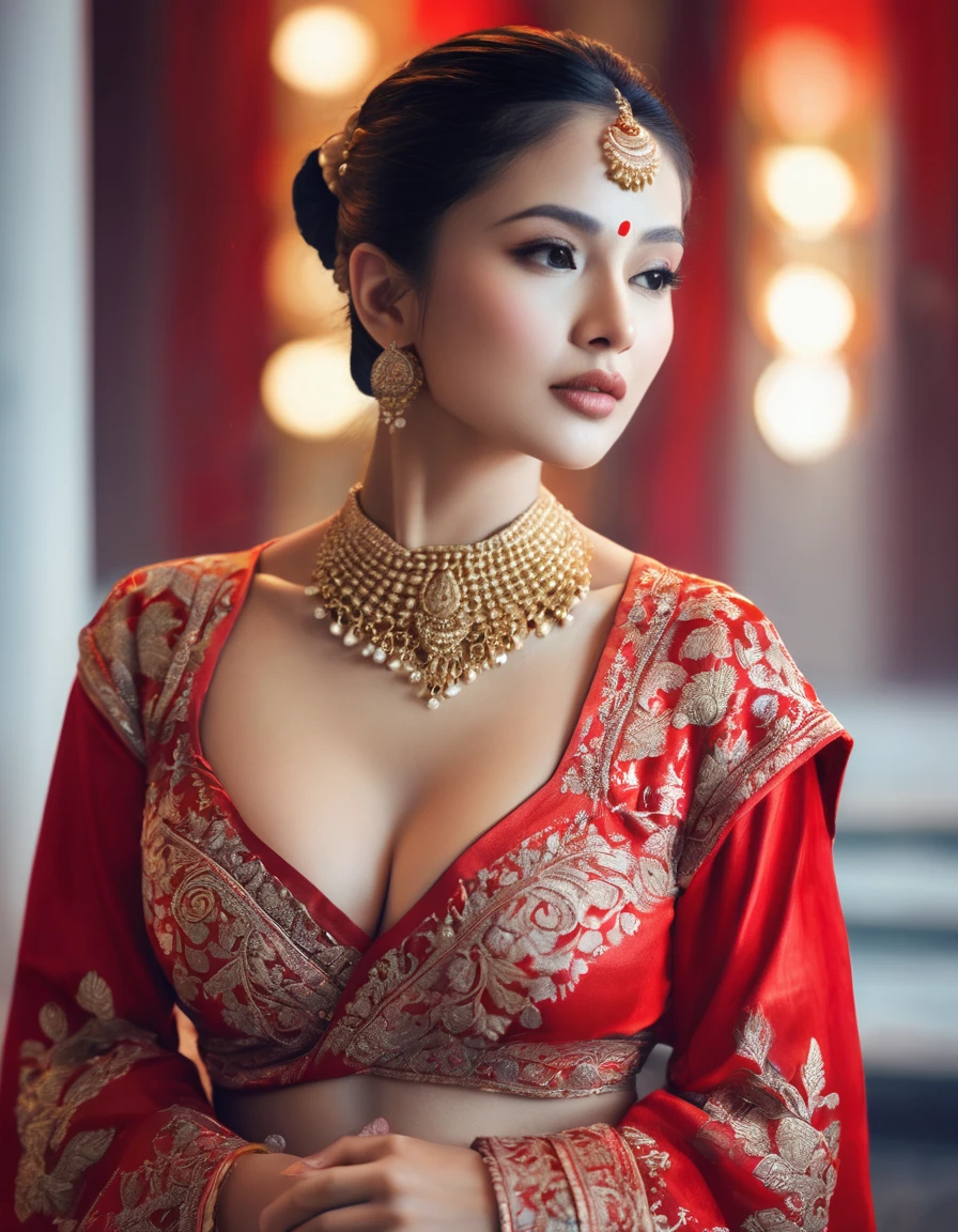 A beautiful  woman, breasts, wearing a traditional red national costume, standing in a sexy pose, highly detailed, 8k, photorealistic, masterpiece, dramatic lighting, vivid colors, soft focus, intricate details, elegant expression, classic Indian aesthetic, glowing skin, luxurious fabrics, graceful posture, captivating gaze,((ภาพสมจริง))