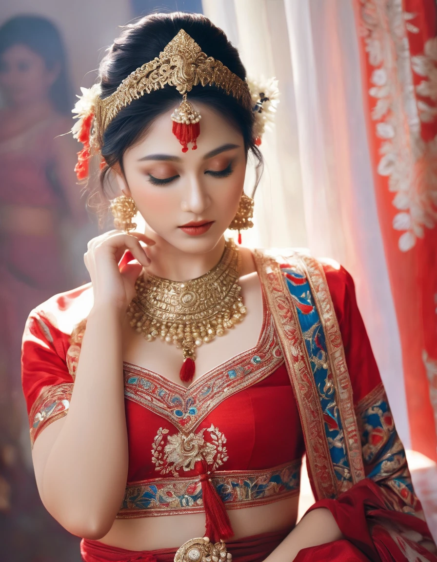 A beautiful woman, breasts, wearing a traditional red national costume, standing in a sexy pose, highly detailed, 8k, photorealistic, masterpiece, dramatic lighting, vivid colors, soft focus, intricate details, elegant expression, classic Indian aesthetic, glowing skin, luxurious fabrics, graceful posture, captivating gaze,((ภาพสมจริง))