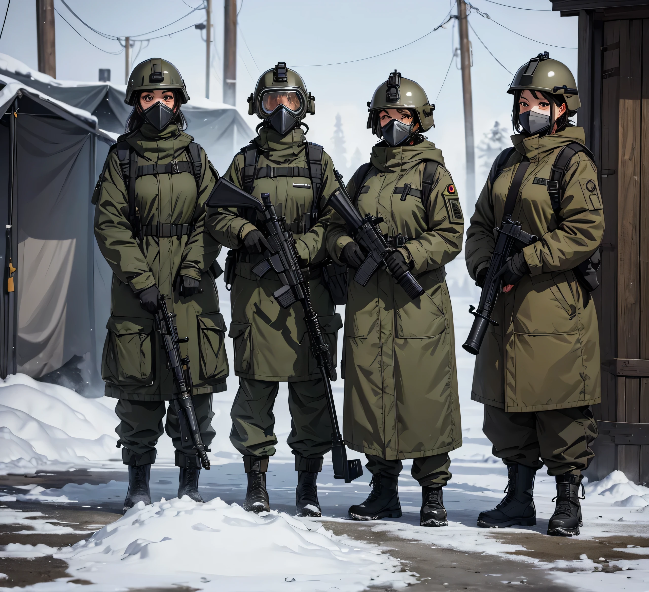 A group of female soldiers all wearing Dark Grayish Olive thick coats、Wear a steel helmet、Gas Mask、Goggles、Standing guard with gun、Snow Camp、masterpiece、best quality、Highly detailed CG、8K picture quality