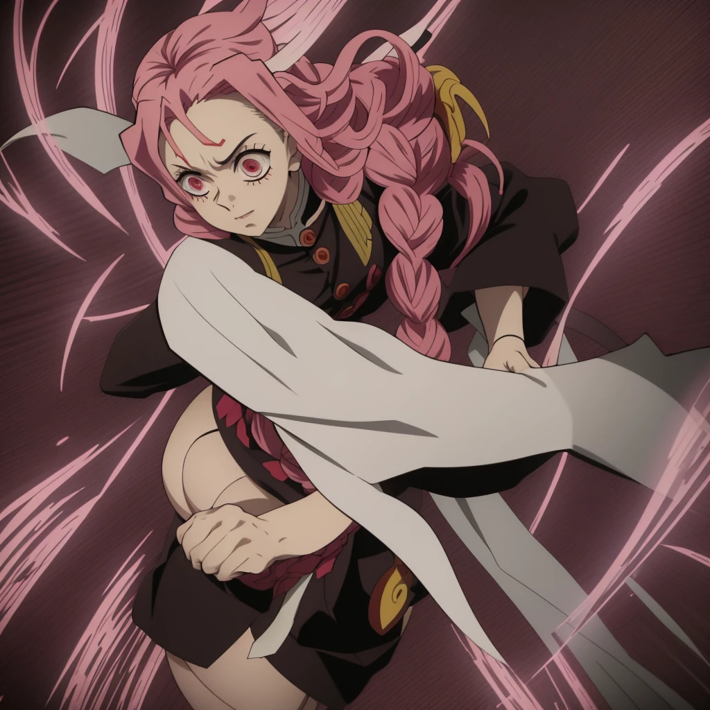 Kanroji Mitsuri from "Demon Slayer" (Kimetsu no Yaiba) in the anime’s signature style. Depict her with vibrant, detailed colors and dynamic, fluid lines that capture the essence of the series. Emphasize her unique and elegant Hashira outfit with its intricate patterns, flowing hair, and expressive eyes. The background should feature dramatic, high-energy action elements typical of "Demon Slayer," such as swirling mist or powerful combat effects. Ensure the character’s movement and pose reflect the grace and intensity of her fighting style, with a focus on dynamic angles and dramatic lighting that evoke the anime's distinctive look,mitsuri(demon slayer)