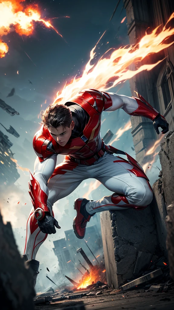 (masterpiece, Best image quality),One boy, A hero in a white, red and black suit, (Dynamic pose | Element Surround:1.2), Low angle view, Very detailed, Ruins of the battle, intense, shock wave, Outdoor, Battlefield Background,Guardian of the City,Sporty hero,Use fire as a weapon