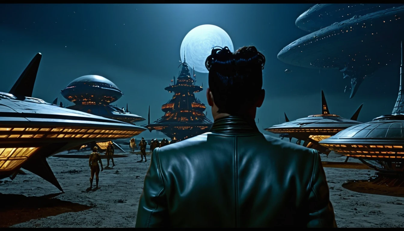 in (medium close-up:3.1) in (back view:3.1)  of various characters with a starship in the background from a film for slaves from beyond infinity, futuristic apocalypse, detailed, moody, epic, altered reality, insane, disgusting, disturbing, impactful, inspired by Clyde Caldwell and Ed Emshwiller, stalenhag, (with Creepy, Sci- Fi, Fantasy and Horror: 2.9) retro sci-fi, horror film, detailed glass, Kodak Vision3, (intricate details: 2.4), ( hyperdetail: 3.1), (8k resolution: 3.1), (high detail: 4.1), lots of details, high quality, soft light (cinematic: 3.3), masterpiece, dramatic atmosphere, atmospheric perspective, (impactful art: 2.8), rich colors, 3D rendering