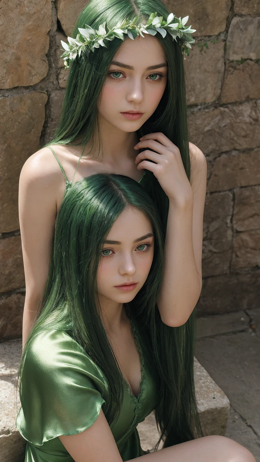 a girl.  face sent feeling.  Europe.  Oval face.  long face.  delicate facial features.  half-closed eyes.  seductively seductive.  green eyes.  long straight hair.  green hair.  wreath on head.  Sad.  shy.  green silk nightgown.  shy sitting posture.  straight face.  outdoor