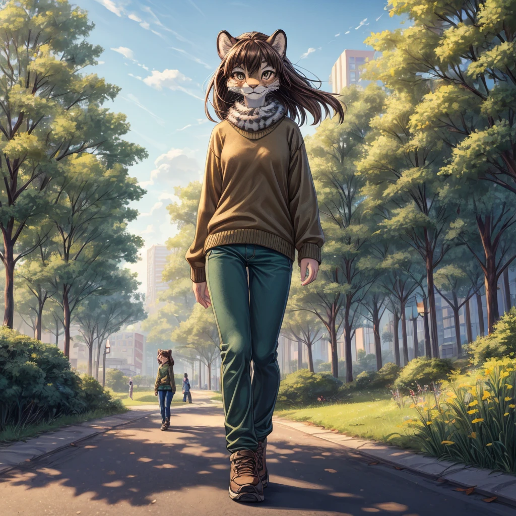 (very detailed illustration: 1.2), best quality, masterpiece, solo, natural lighting, An young anthro female snow leopard with brown eyes and dark brown hair, she is dressed in a green sweater and dark blue pants, she is in a big bright city, she is in a park where there are trees, she is on a gray gravel road walking.