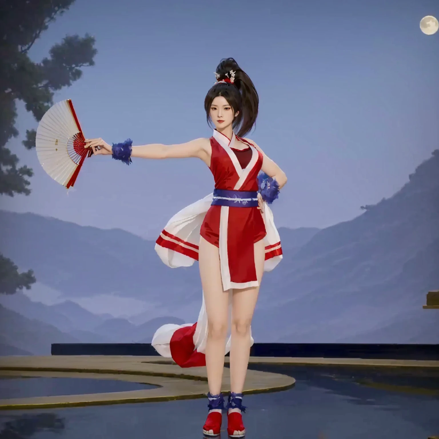 there is a woman in a red and white outfit holding a fan, beautiful, lunar themed attire, katana zero video game character, kunoichi, yoko matsugane as mai shiranui, inspired by Pu Hua, full body xianxia, onmyoji, beautiful style 3/4, fox nobushi