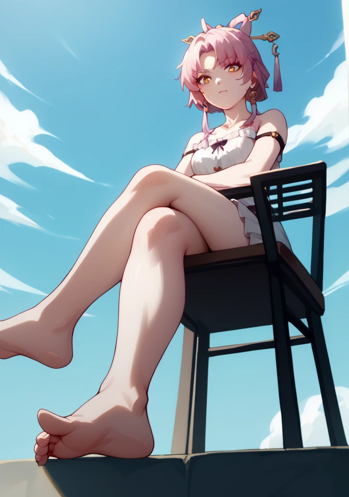 (score_9, score_8_up, score_7_up), 1girl, fuxuan, crossed legs, barefoot, from below,