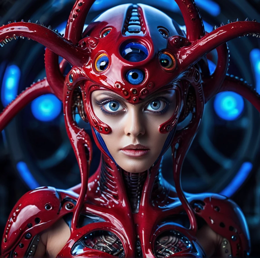 Female alien, beautiful face, seductive, red eyes, (((full body image))), a sexy, alien without humans, alien, mechanical fusion, multiple hands, many blue mechanical tentacles skin: 1.5), alien, cell, biological images, enchanting, best quality, 8K, 4K_Quality, highDefinition, dramatic lighting, mask: 1.5, cinematic quality, detail oriented, (complex details: 1.2), ultra-high resolution, high-definition, faithful painting, (thick eyebrows: 1.2), (crimson big eyes: 1.6), beautiful symmetrical eyes,