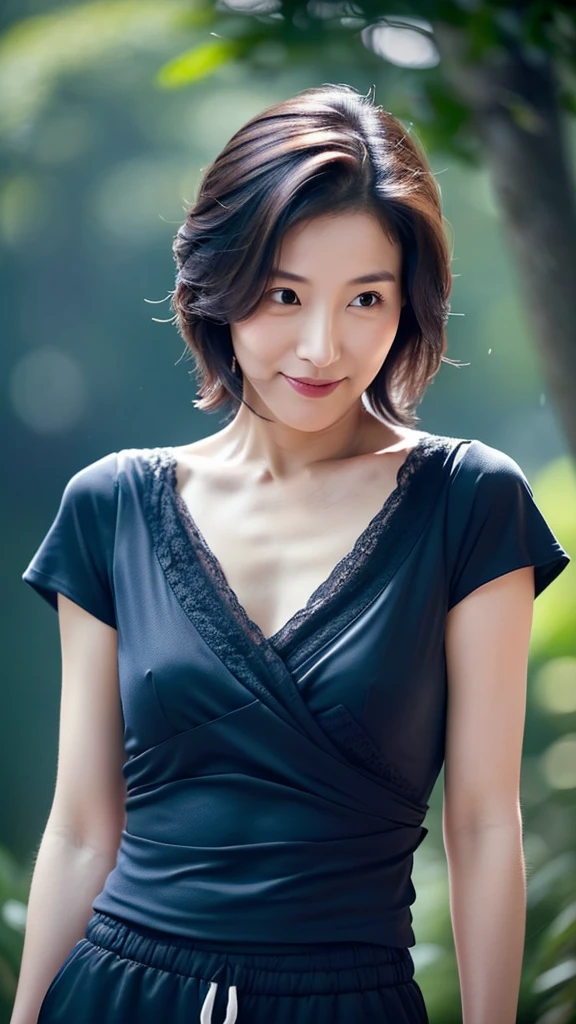 ((Highest quality)), ((masterpiece)), (detailed), Ultra cinematic, Blue hour, Ultimate ultra Photorealistic, ultimate high-quality 32k Leica M5 photo, A cowboy shot photo, a42yo ultimate beautiful & elegant Motherhood Japanese actress, looking at viewer, very embarrassed, much blush:1.9, 168cm,65kg,(She has a very intelligent and ultimate exquisite beautiful Japanese face&black eyes, pointy nose, ultra detailed face, ultimate exquisite nice-proportioned body and Décolletage and hips , black elegant&cute short bob,oval face, very blushing cheeks, ultimate well-proportioned face, seductive ­ smile, seductive large hips , black elegant cute short bob, very light naturally makeup:1.2), (a simple very just fit pure white v-neck t-shirts very drenched in sweat and short pants), in dark camping tents