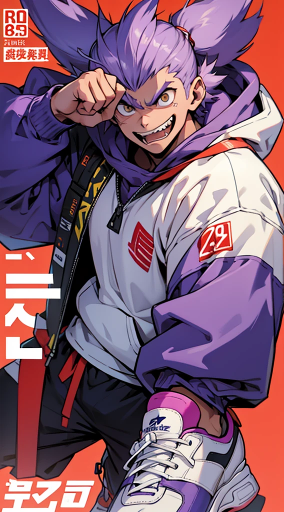 Magazine Cover, Punching pose, Big machine hands, whole body, Jump up, A light purple monkey-themed character, サイバーパンク, Wearing big sneakers, skin fang, Simple Background, boy, ショートカット, crazy eyes, tsurime, grin, raised fist, projected inset, UHD, best quality, highres, 8k