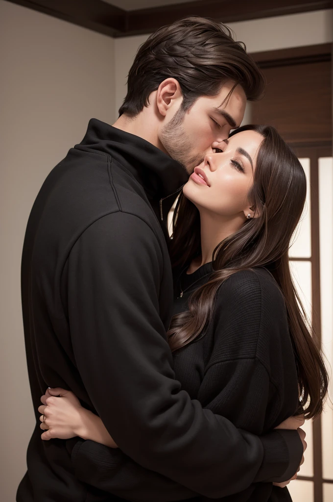 A woman with brown hair and a black dress and a man in a black sweatshirt kissing her